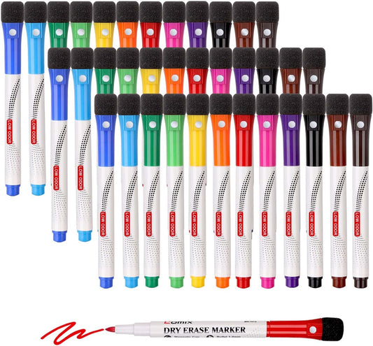 Comix Dry Erase Markers, Fine Tip Whiteboard Magnetic Markers with Eraser Cap, 36 Bulk 12 Colors Low Odor Markers for Kids Teachers