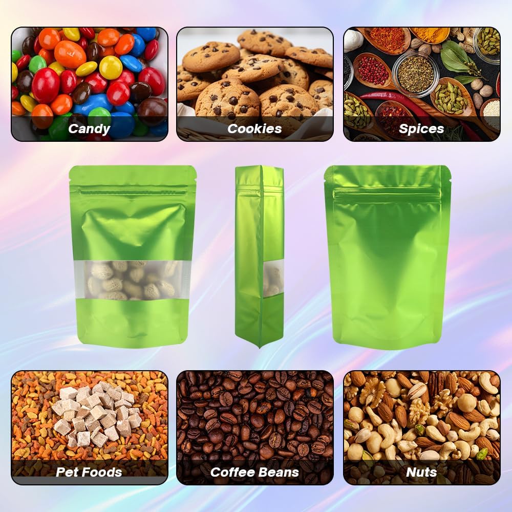 4CP 100 Pcs Green Zipper Smell Proof Bags with Window, 7.0x10.5 Inch Stand Up Foil Pouches for Food Selfsealing Storage, Reusable Bag for Packaging Small Business, Cookies, Nunt, Candy