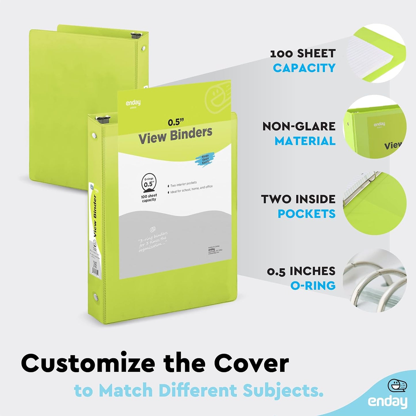 ½ Inch 3 Ring Binder, .5 Inch Round Ring Clear View Cover with 2 Inside Pockets Binders, Colored School Supplies Binders in Grey, Pink, Blue, Purple, Green and Red, Multicolor (6 PC) – by Enday
