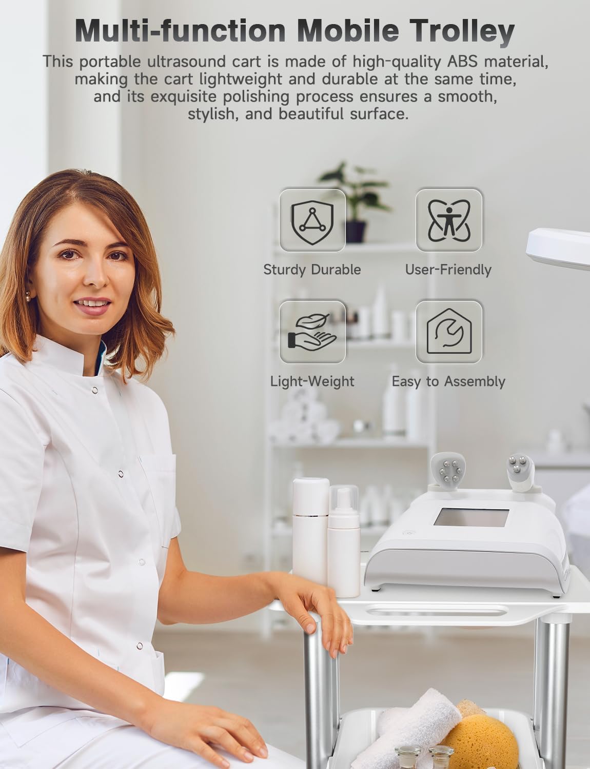 Medical Trolley Cart Mobile Ultrasound Cart 130 LBS Load Professional Portable Storage Drawer with 4 Silent Wheels Tray for Hospital Dental Clinic Beauty Salon Office Bedroom