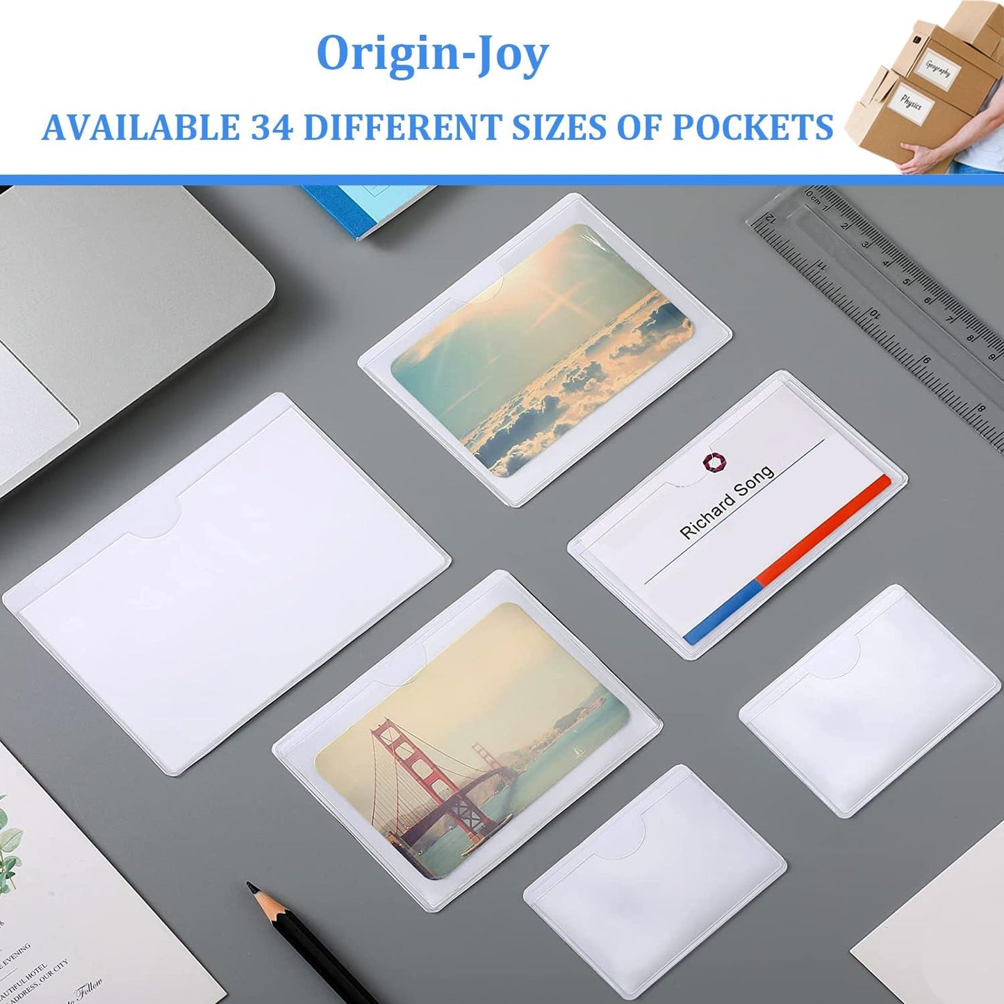 Origin-Joy 25 PCS Self-Adhesive Index Label Pockets, Clear Plastic Peel & Stick Card Holders with Top Open for Loading (2.75 x 2.75 inch)