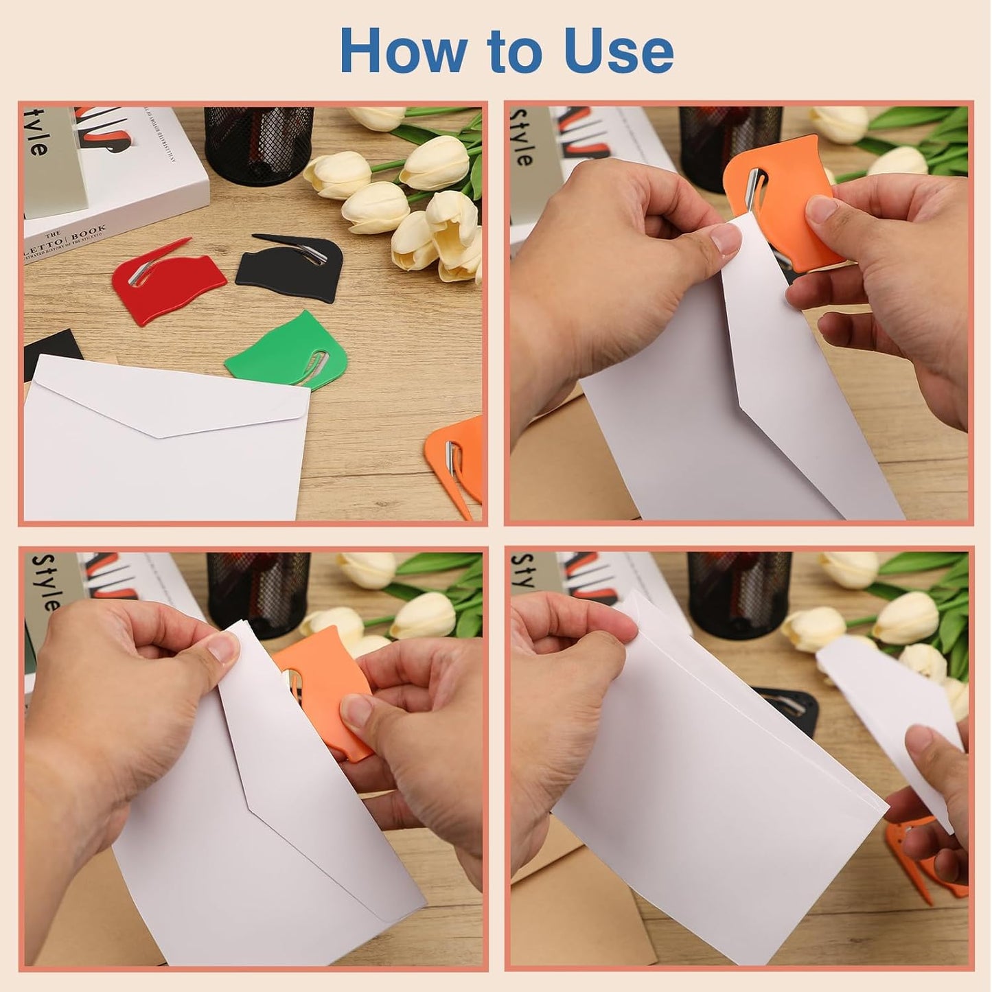 Letter Opener Envelope Slitter 4 Pack, Mail Opener with Concealed Blade, Portable Envelope Opener for Home, Office, and Travel, Durable Letter Openers - Set of 4 Colors