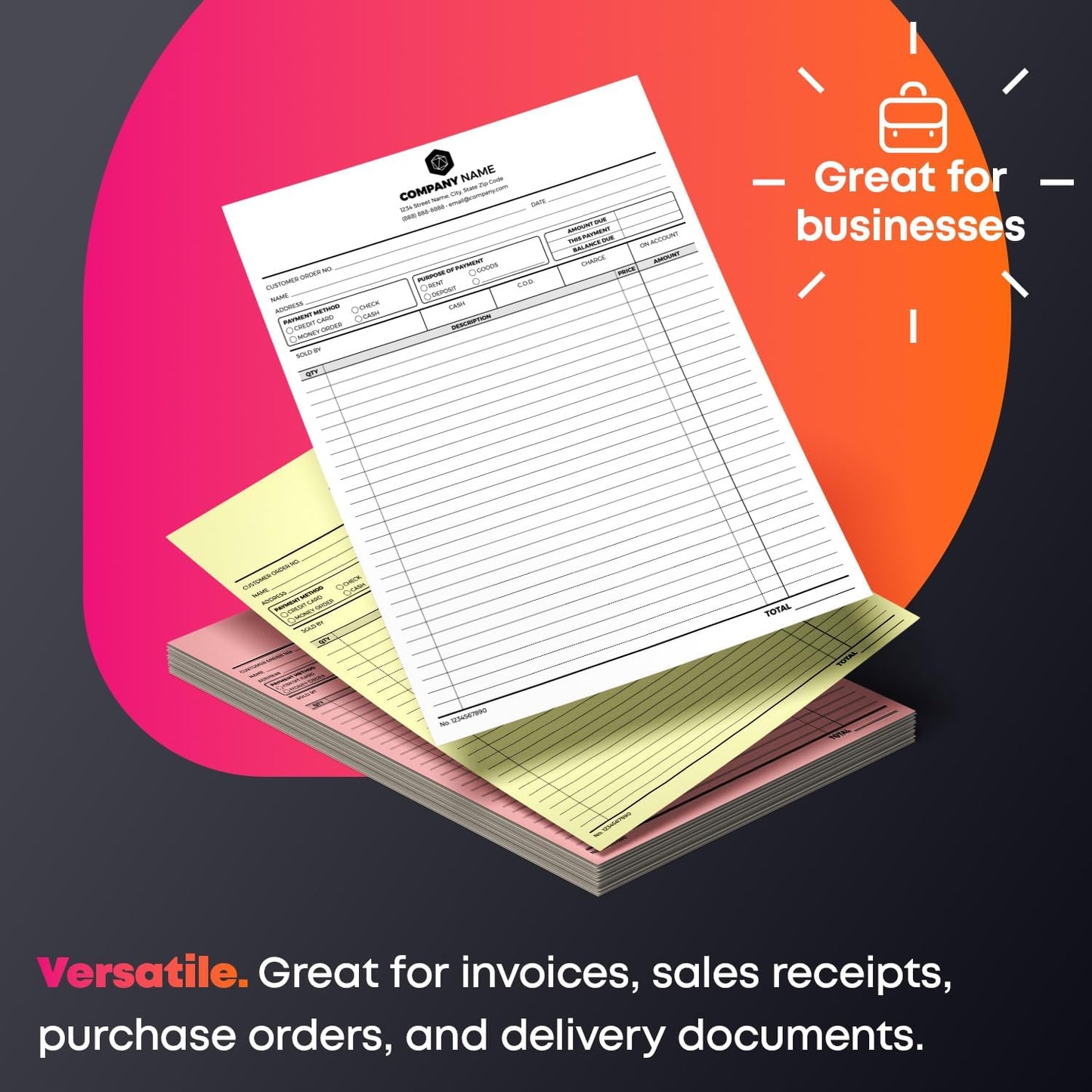 Custom Print 8.5" x 11" Carbonless NCR Forms for Printing Business and Company Invoices, Receipts, Work Orders, Sales Orders, Purchase Orders, Estimates and Quotes - Loose Sheets (3-Part, 250)