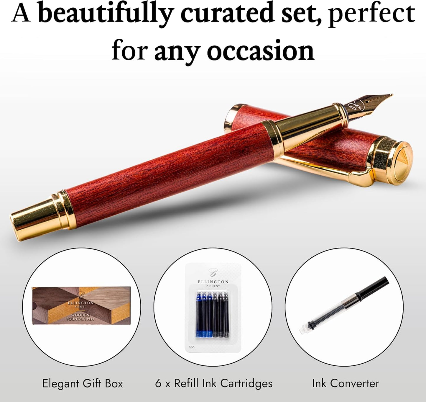 Elegant Wood Fountain Pen Set – Includes Wooden Pen Box, Ink Converter, 6 Ink Cartridges, and Gift Box – Writing, Calligraphy