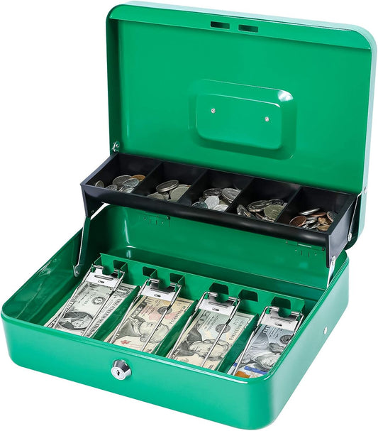 KYODOLED Locking Cash Box with Lock,Money Box with Cash Tray,Lock Safe Box with Key,Money Saving Organizer,11.81Lx 9.45Wx 3.54H Inches,Green XL Large