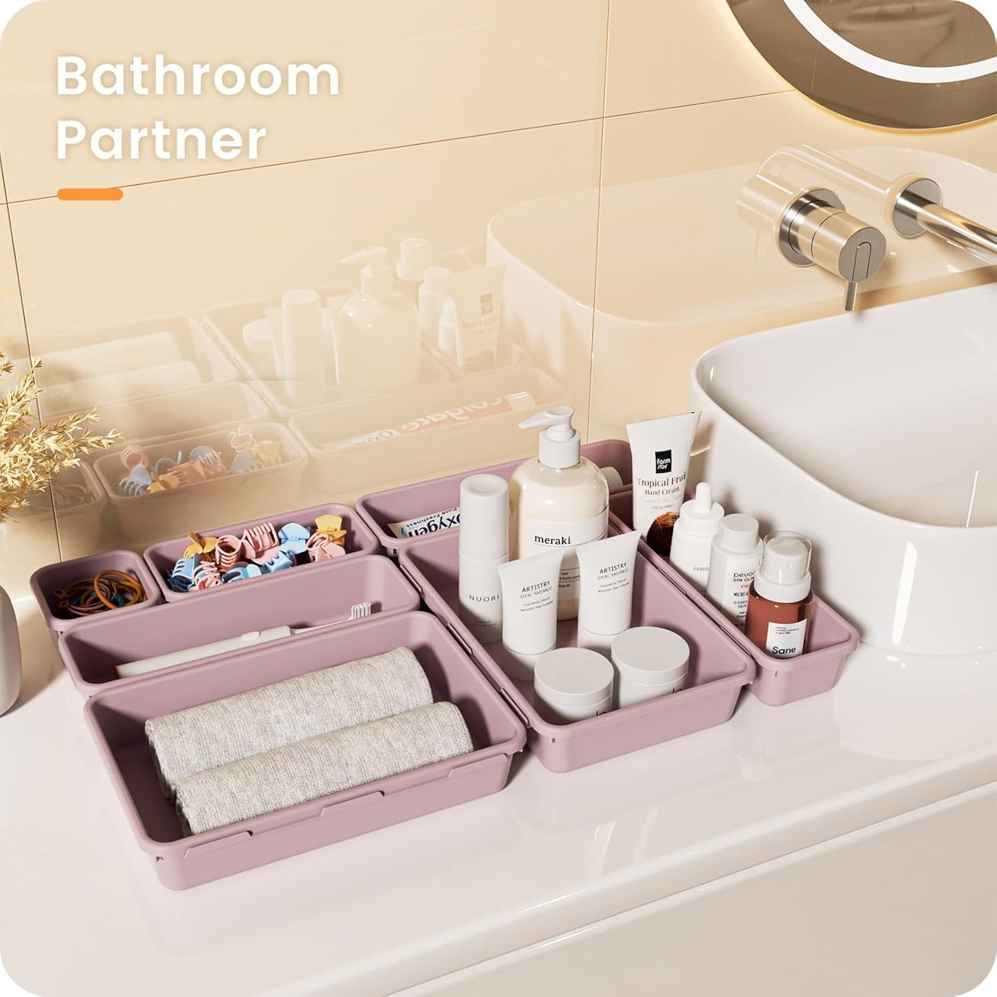 【28PCS】A-LUGEI Drawer Organizer, Bathroom Organizers and Storage, Makeup organizer, Desk drawer organizer, Storage Bins for Kitchen Office Bedroom Vanity Jewelry Pantry Garage【Purple】【4Size】