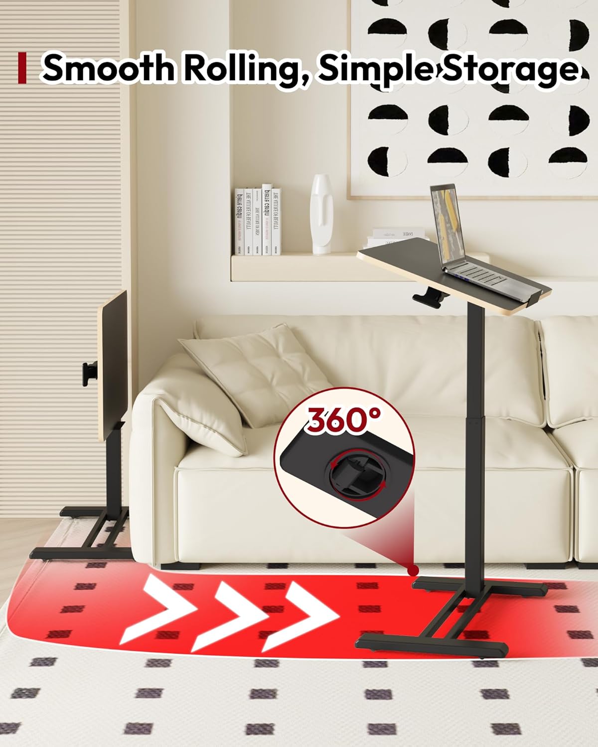 SANODESK Medical Adjustable Overbed Bedside Table with Casters 90° Tilt Top Pneumatic Mobile Rolling Laptop Computer Standing Desk Cart with Tray, Hospital and Home Use(31.5" W x 17.7" D, Black)