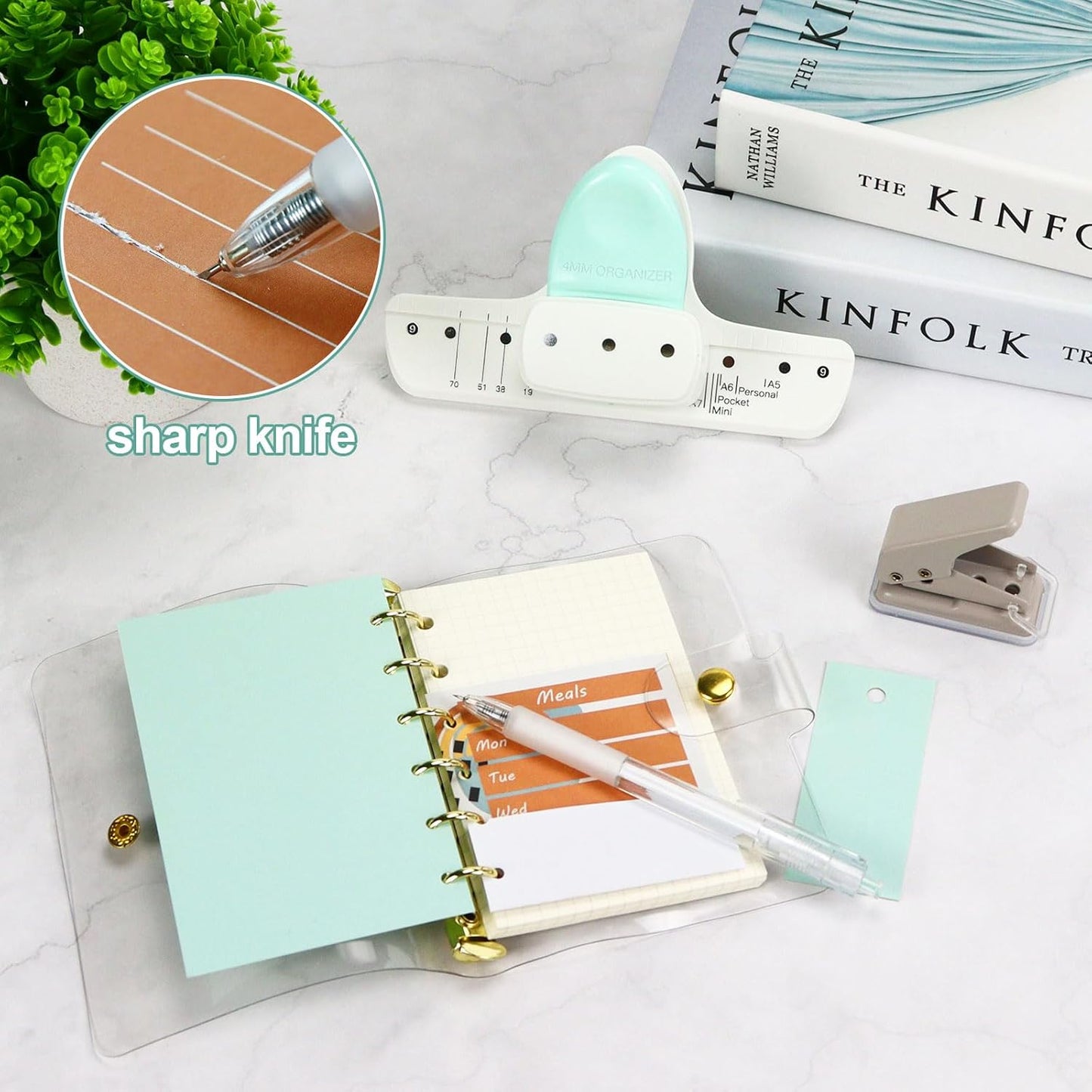 Paper Punch Kit, 3 Hole Punch 4MM Diameter, Single Hole Puncher Handheld 1/4 Inches, Art Cutting Tools Knife Pen, 1 Small Scissors, for Scrapbooking, Cardmaking, Papercraft, Art Project