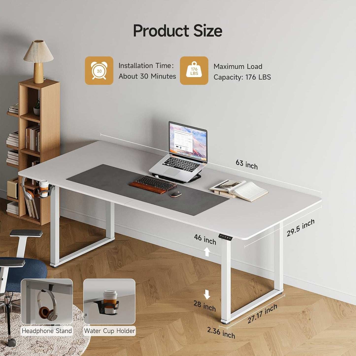 Standing Desk, 63x30 Inches Rectangle Stand Up Desk with 4 Legs, Dual Motor and Memory Controller, Adjustable Height from 28-46 Inches for Home and Computer Workstation, White