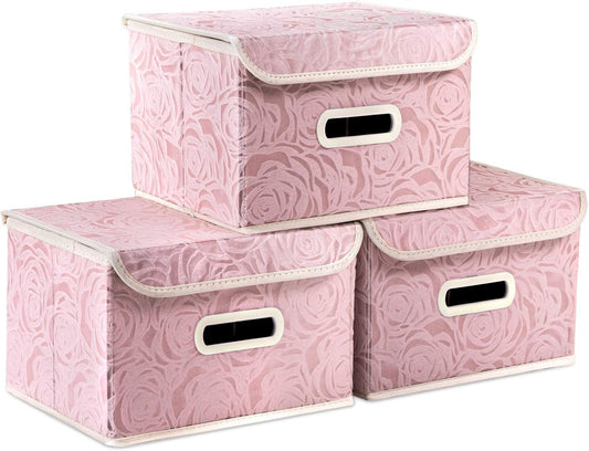 PRANDOM Collapsible Storage Boxes with Lids Fabric Decorative Storage Bins Cubes Organizer Containers Baskets with Cover Handles Divider for Bedroom Closet Living Room 9.8x7.9x6.7 Inch 3 Pack