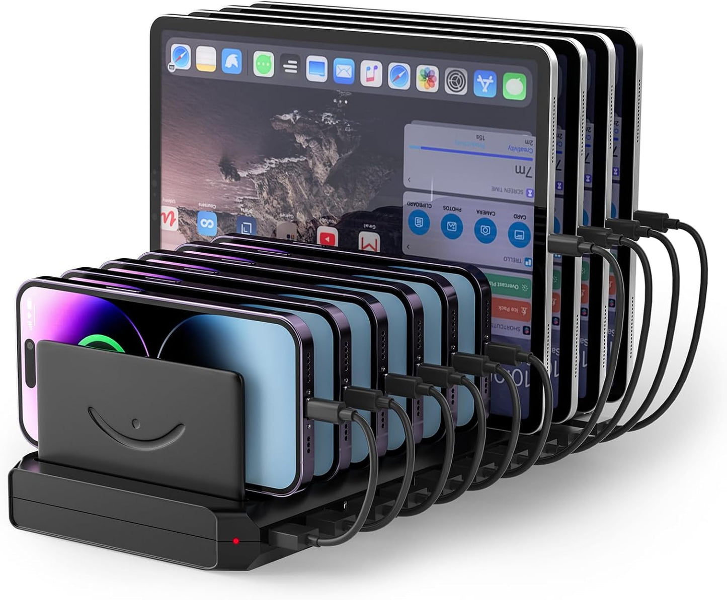 Charging Station for Multiple Devices, Cinlinso 60W 10 Port USB Fast Charging Station with Adjustable Dividers, Compatible with iPhone, iPad, Tablets and Cell Phone (Black)