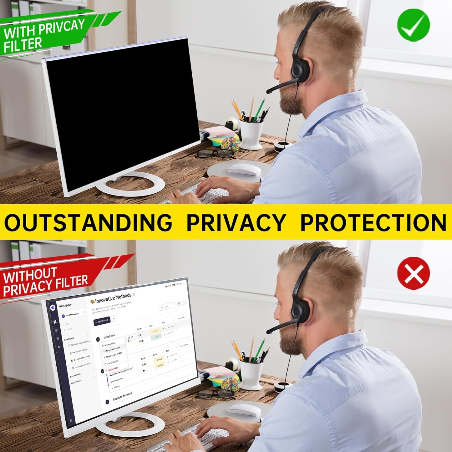 〔2-Pack〕 27 Inch Computer Privacy Screen Filter for 16:9 Monitor, Anti-Blue Light, Anti-UV Blue Light Blocking Removable Privacy Protector Shield, Hanging Type