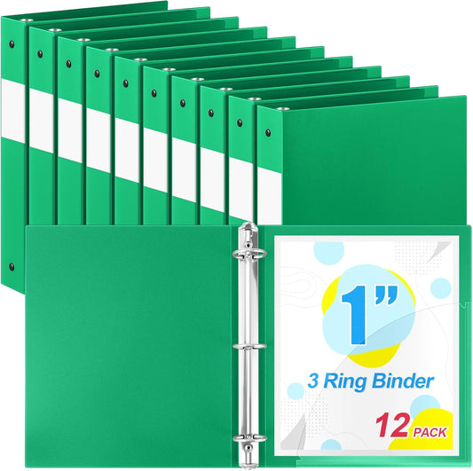 12 Pcs 1 Inch 3 Ring Plastic Binder Flexible Binders Bulk Fits Letter Size 8.5'' x 11'' Paper Holds up to 225 Sheets with 1 Pockets Versatile Binder for School Office Home (Green)