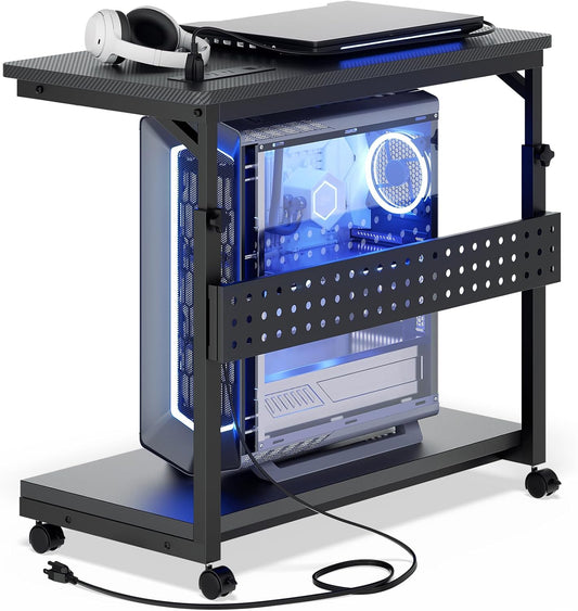 Computer Tower Stand with Power Strips, 4 Levels Manual Height Adjustable PC Tower Stand for Under Desk, Mobile Rolling CPU Holder, Computer Cart with Wheels, 24", Carbon Fiber Black