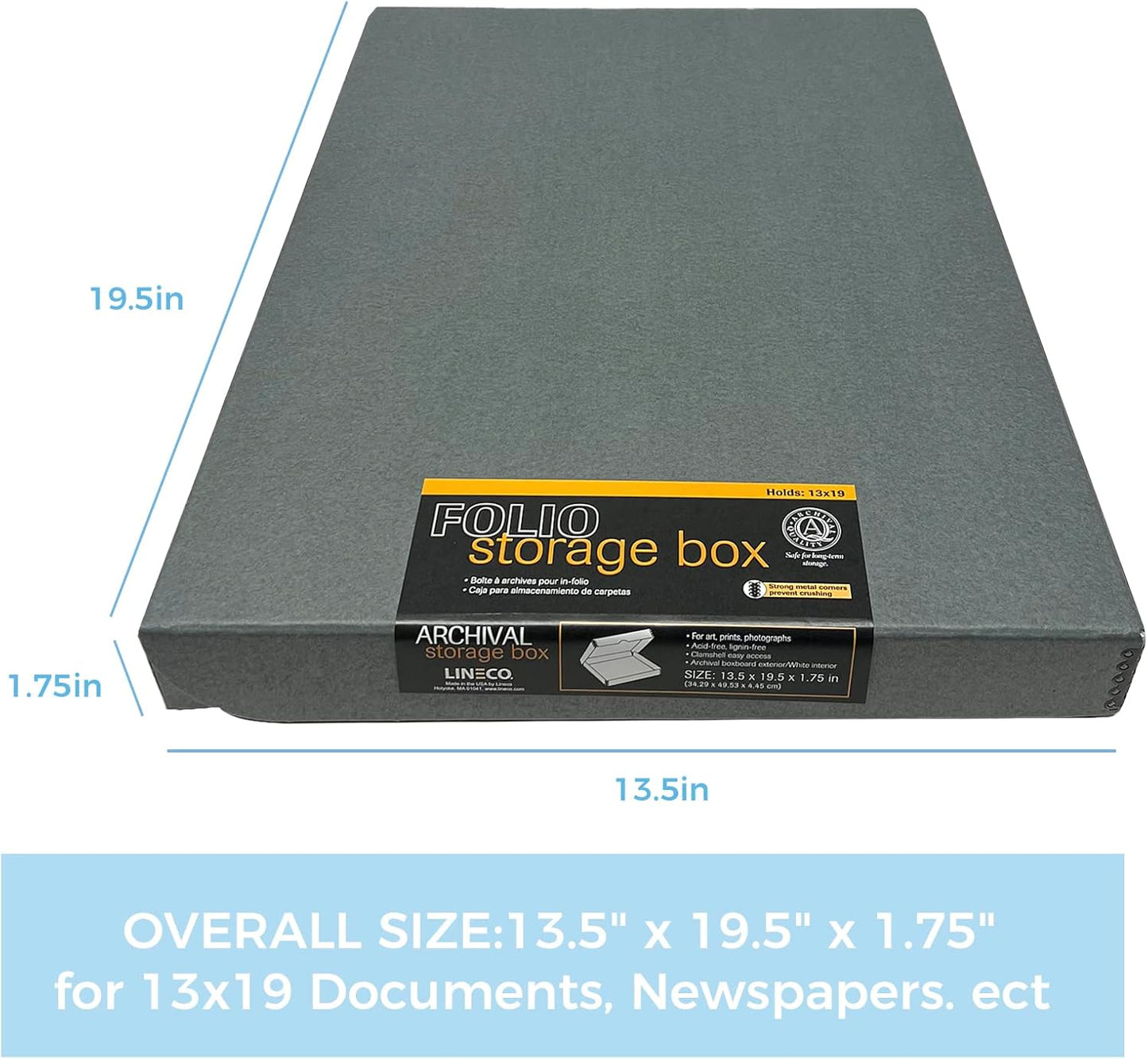 Lineco Folio Storage Box, Clamshell Design with Metal Edge. 13.5x19.5x1.75 Inches, Archival Boxboard, Preserve Photos, Cards, Magazines, Documents, Art, Ephemera, Family Records, Gray, Pack of 2