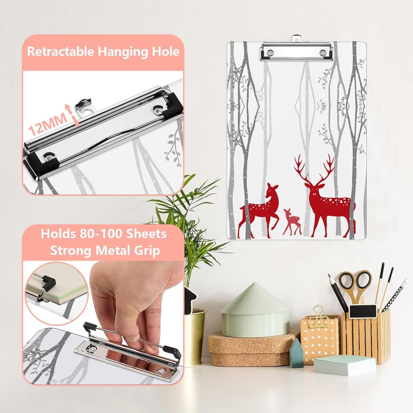 Forest Deer Plastic Clipboards,Cute Fashion Clipboard Decorative 8.5" x 12.5"Standard A4 Size Clipboards,Acrylic Clipboard for Teacher,Social Worker,Students,Nurse,Office Supplies