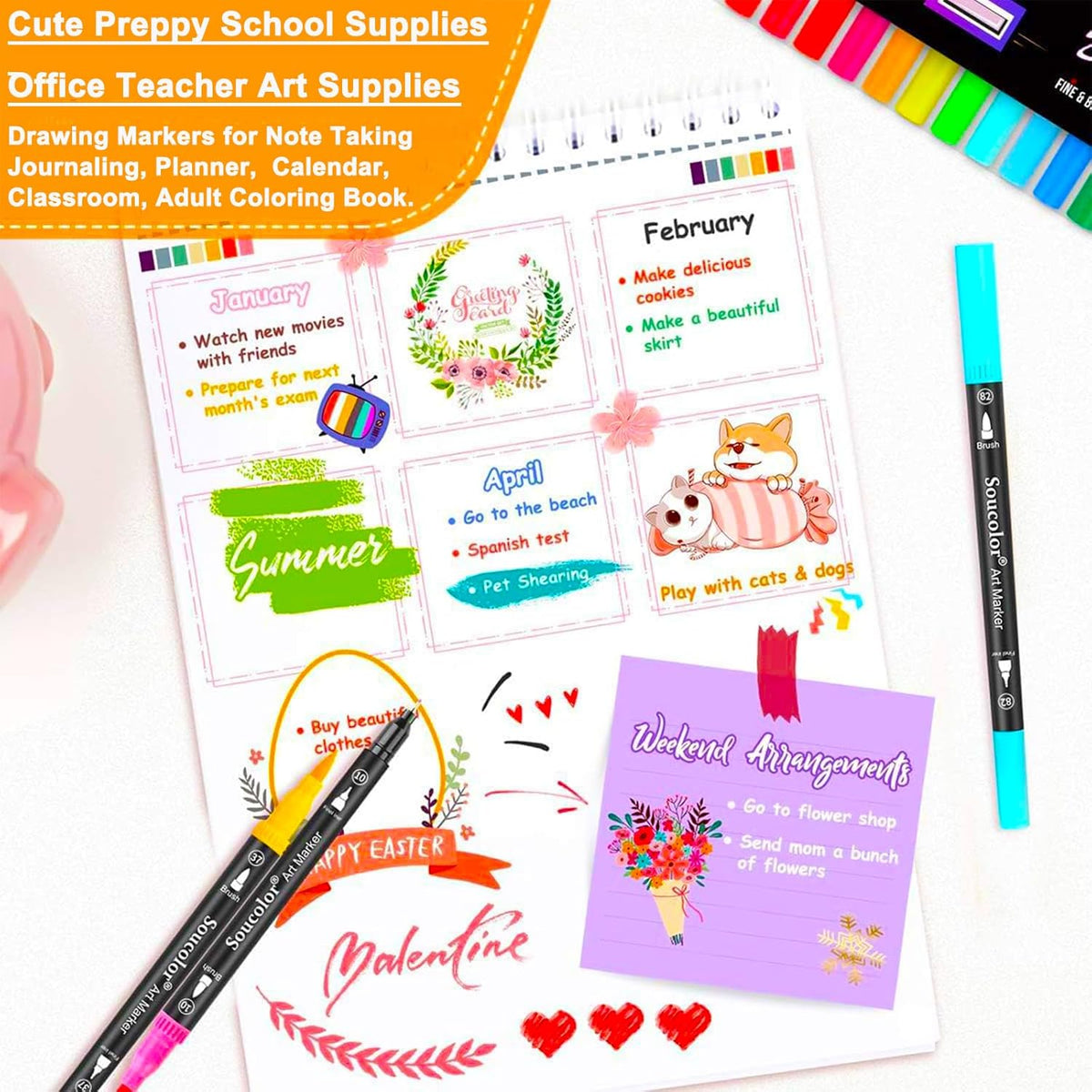 Soucolor Art Brush Markers Pens for Adult Coloring Books, Christmas Gifts Stocking Stuffers for Teen Girls Art Supplies, 34 Colors Numbered Dual Tip (Brush and Fine Point) Drawing Markers for School