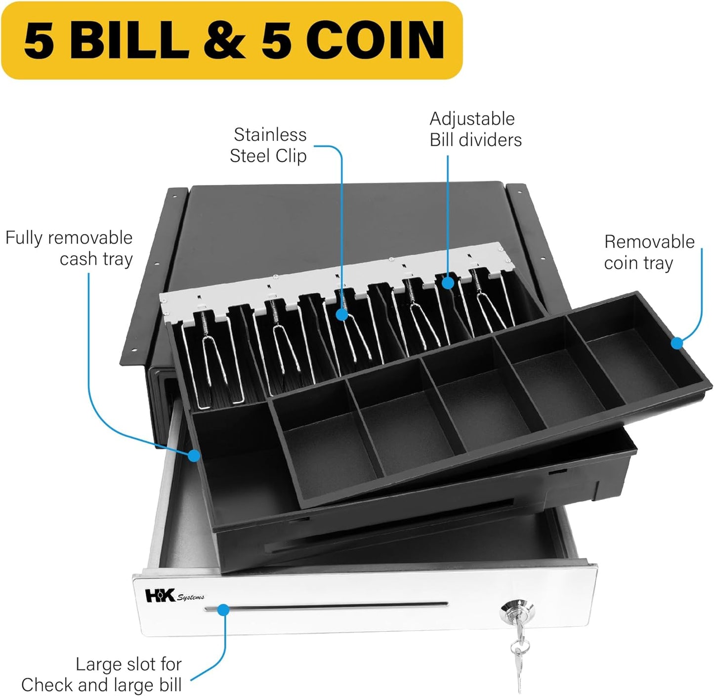 HK SYSTEMS 16" Heavy Duty Black "Push" Open Cash Drawer, 5B5C with Under Counter Mounting Metal bracket