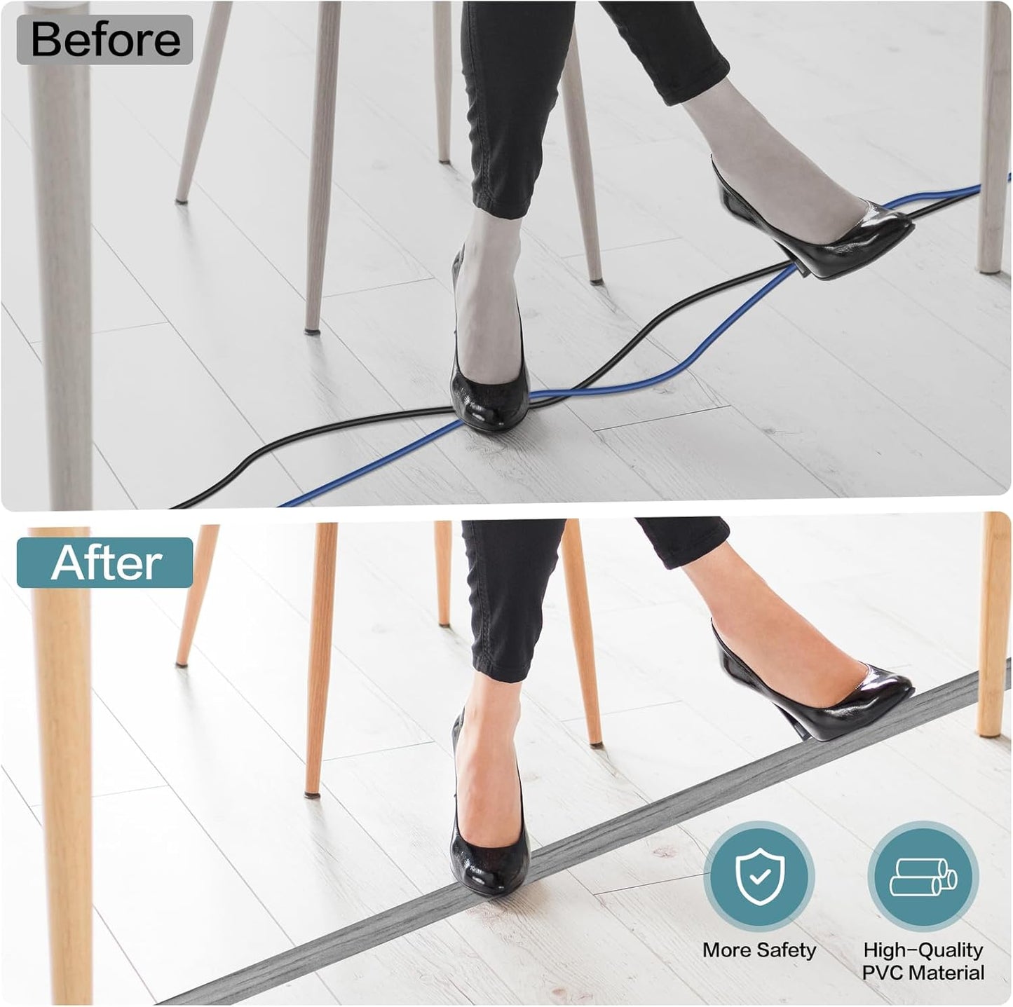 Floor Cord Cover Self Adhesive Cord Hider Floor Extension Cord Covers for Floor Power Cord Protector Cable Management Prevent Cable Trips Cable Cavity 0.51" W x 0.31" H (Light Grey Wood, 3.3Ft)