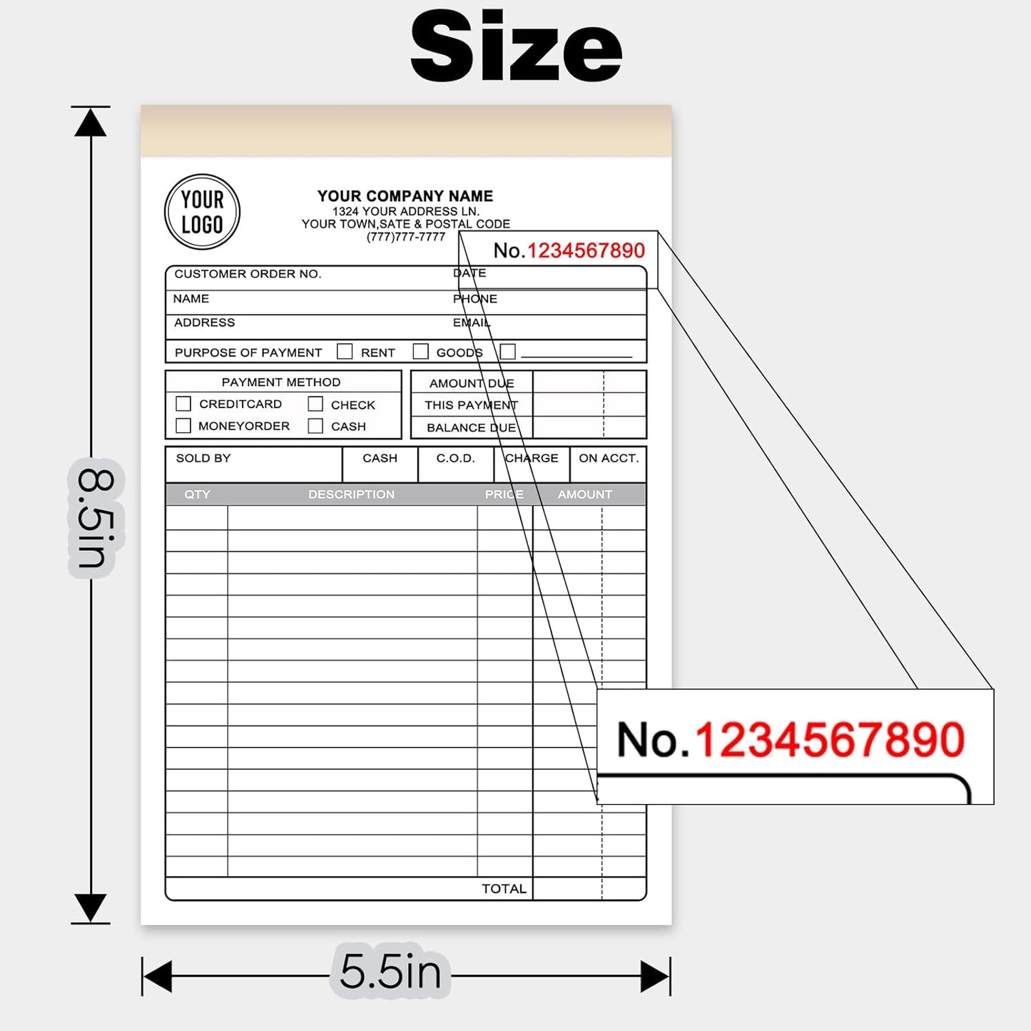 Custom Invoice Receipt Book for Small Business 5.5x8.5" Personalized 2-Part Contractor Duplicate Carbonless Sales Forms with Company Name Address Phone Number 100 Sets