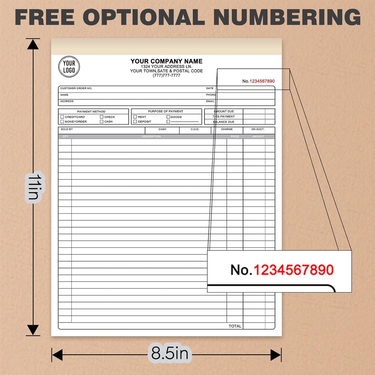 Custom 8.5" x 11" Invoices Receipts Carbonless Books in 2-Part Duplicate Personalized Company Address Name Phone Number 100 Sets