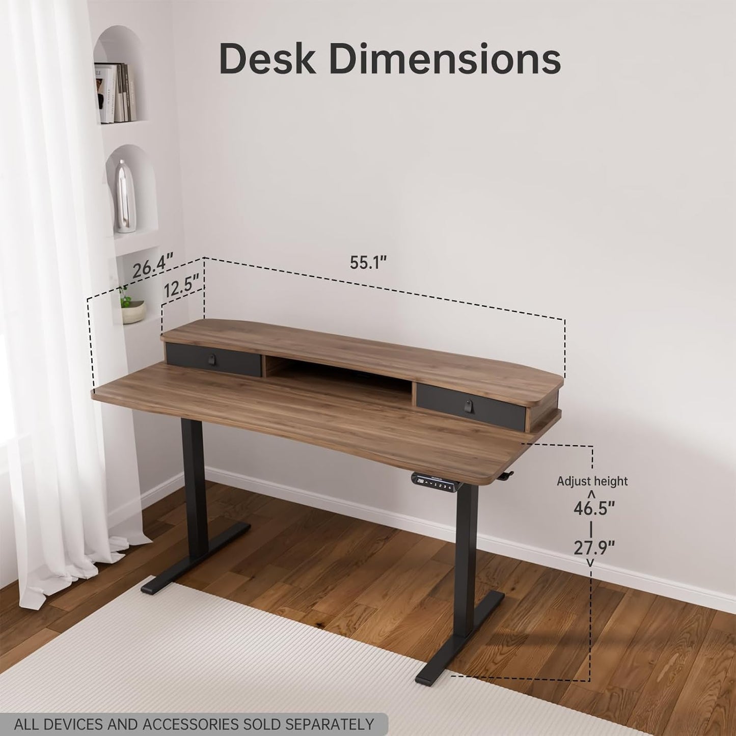 HUANUO 55" x 26" Electric Standing Desk with 2 Drawers, C-Clamp Mount Compatible, Height Adjustable Computer Desk, Home Office Stand Up Desk with 4 Preset Heights & 2 Hooks, Walnut