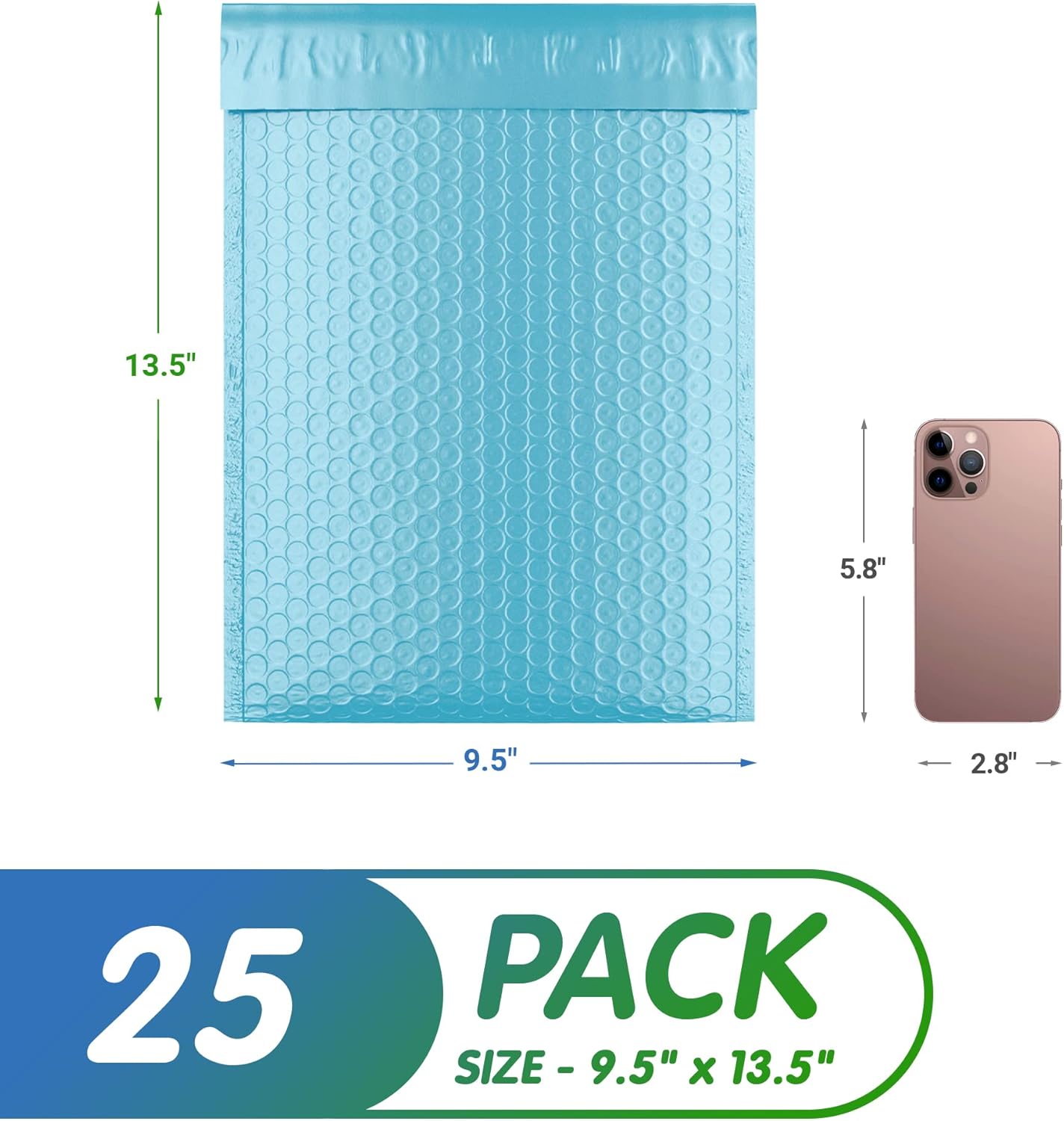 Light Blue Poly Bubble Mailers Self Seal, 9.5 x 13.5 Inch. Pack of 25 Bubble Packaging Envelopes for Shipping. Durable Padded Envelopes Waterproof. Self Seal Padded Mailers. Shipping Packages
