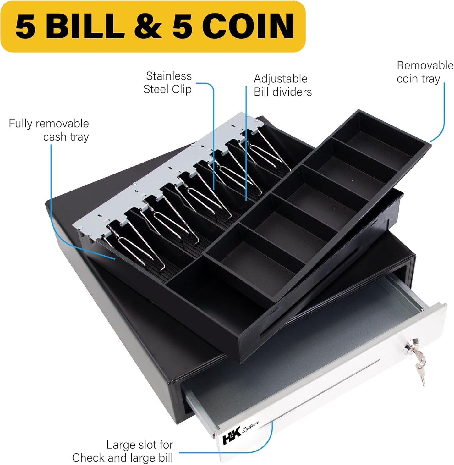 HK SYSTEMS 16" POS Cash Drawer Stainless Steel Front, Ball bearing slide, Heavy Duty POS with Removable Tray 5Bill/5Coin