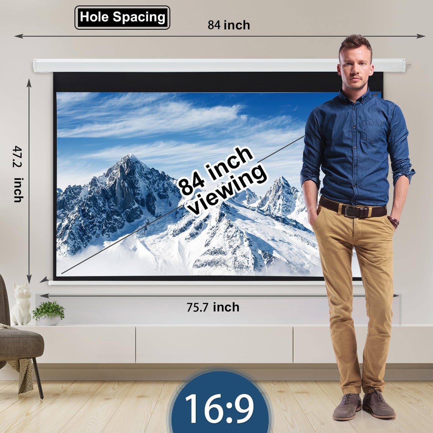 YODOLLA 84inch Motorized Projection Screen, 16:9 4K 3D HD Electric Projector Screen, Wall/Ceiling Mounted White Projection Screen with Two Remote Controls for Indoor & Outdoor Use