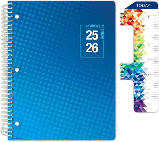 Global Datebooks Dated Middle School or High School Student Planner for Academic Year 2025-2026 Includes Ruler/Bookmark and Planning Stickers (Matrix Style - 8.5"x11" - Halftone Blue)