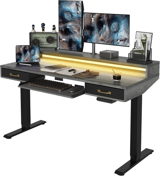 FEZIBO 55 x 24 Inch Height Adjustable Electric Standing Desk with Double Drawers&Keyboard Tray, Stand Up Desk with LED Strips&Monitor Stand,Rustic Grey Top