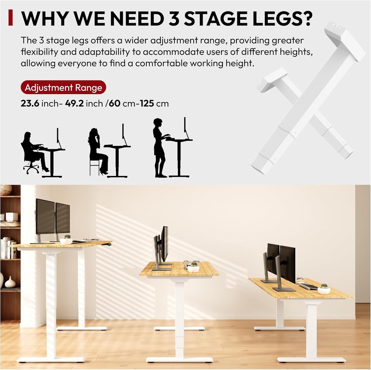 SANODESK 55 Inch 3 Stage Bamboo Electric Standing Desk, Dual Motor Height Adjustable Desk, Whole-Piece Desktop Sit to Stand Home Office Desk (White Frame/ 55” x 28” Natural Bamboo Top)