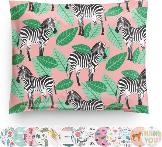 Poly Mailers 10x13 100 Pack | Self-Sealing Shipping Bags Envelopes for Small Business | Waterproof Durable Packaging | Zebra| Animal Pink Green Floral | à la mode Mailers