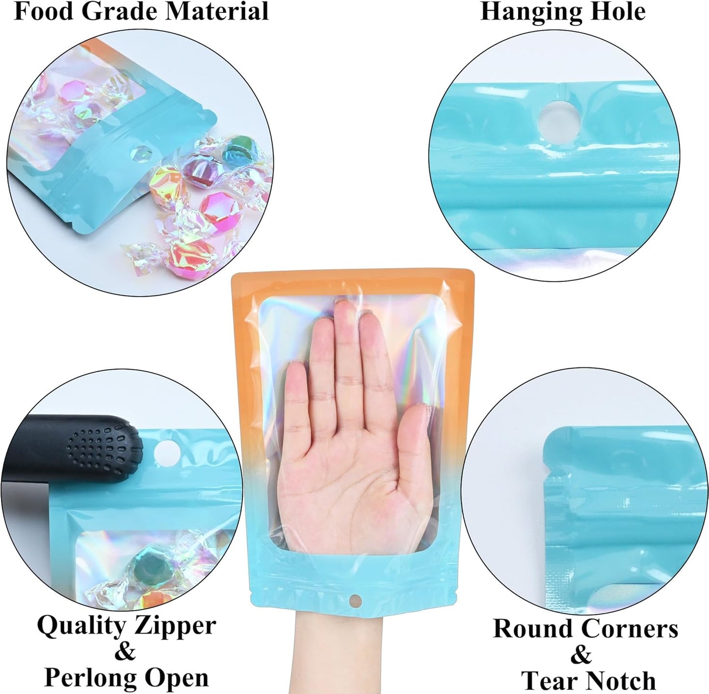 Resealable Mylar Pouch Bag Great for Office Home Party Favor Food Storage (100PCS, Blue and Orange Color, 4 x 6 inch)
