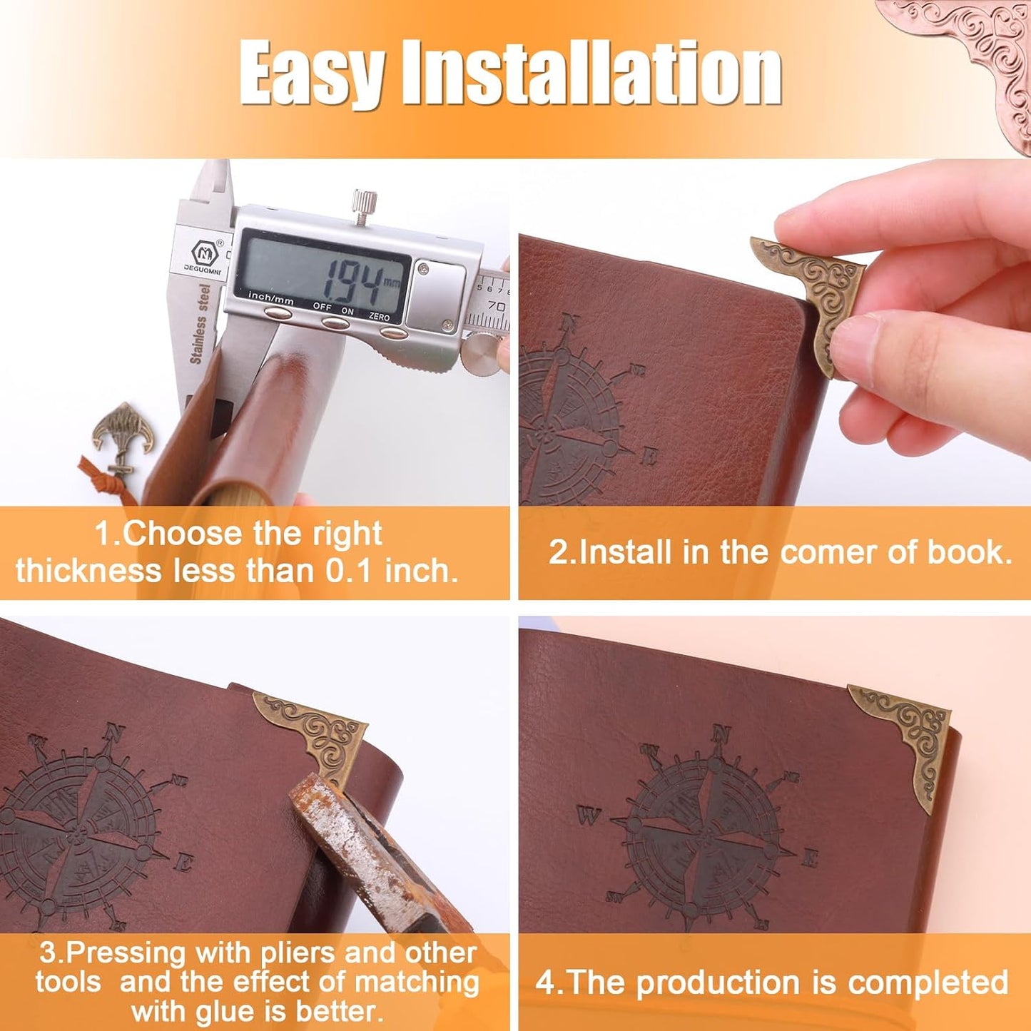 Olldag 100 PCS Metal Book Corners, Vintage Book Corner Protectors, Iron Corner Guard Edge Decorative for Scrapbook Photo Album Diary Cover Menus Folder (Antique Bronze+Silver+Gold+Rose Gold)