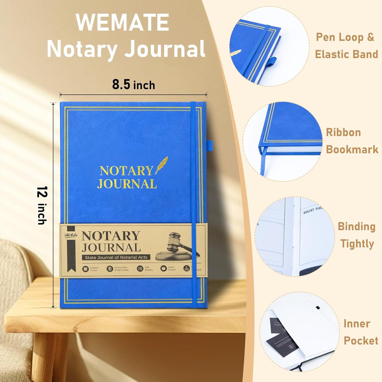 WEMATE Notary Journal Log Book with 480 Record Entries, 12″x8.5″ Hardcover Notary Book - 120gsm Thick Paper, Notary Supplies with 160 Numbered Pages, Large Capacity for Notarial Records (Blue)