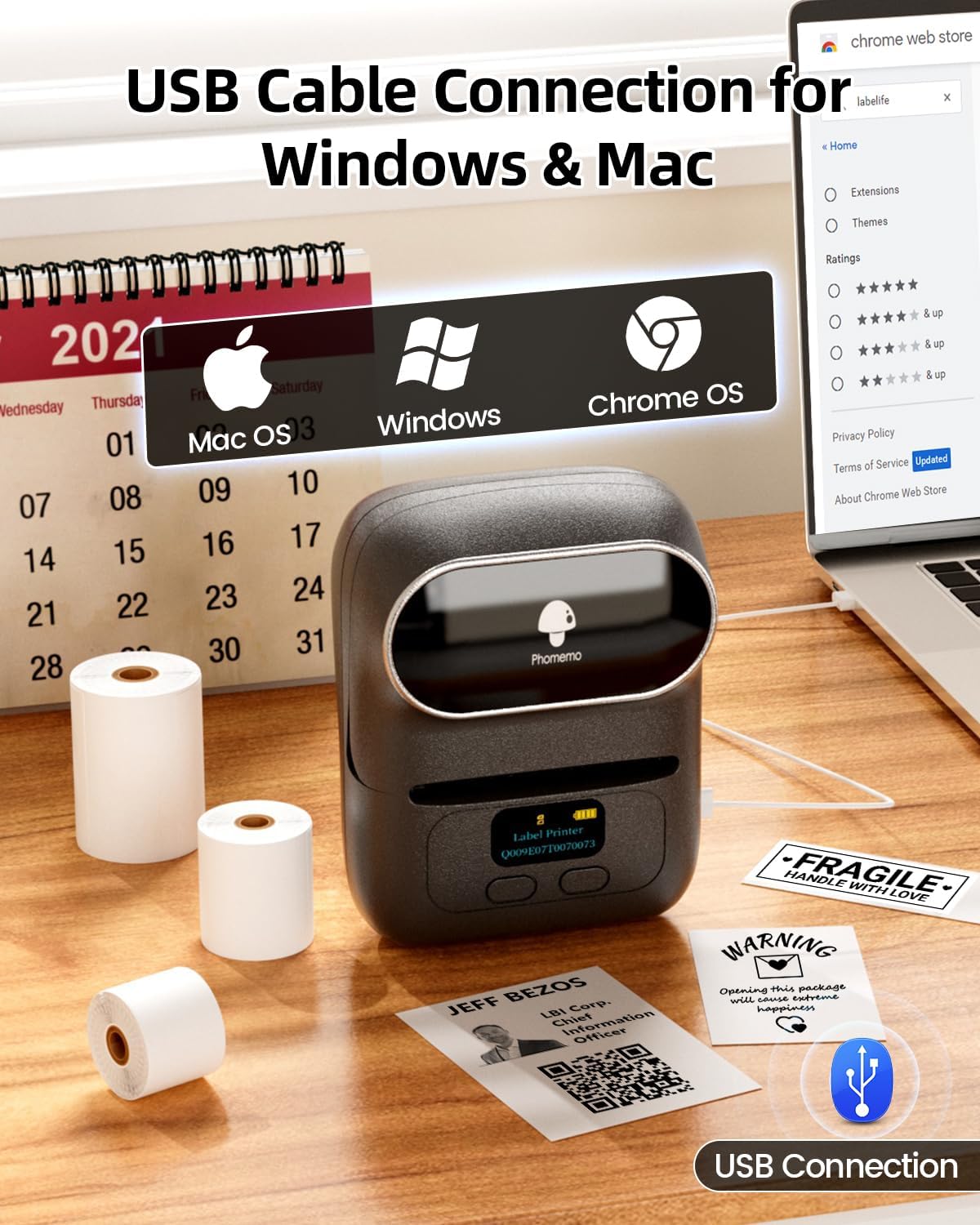 Phomemo Label Maker - M110 Address Label Printer Bluetooth Thermal Printer for Business, Office, School, Home-use, Barcode, Logo, Clothing Labels, with 3 Label Roll, Black