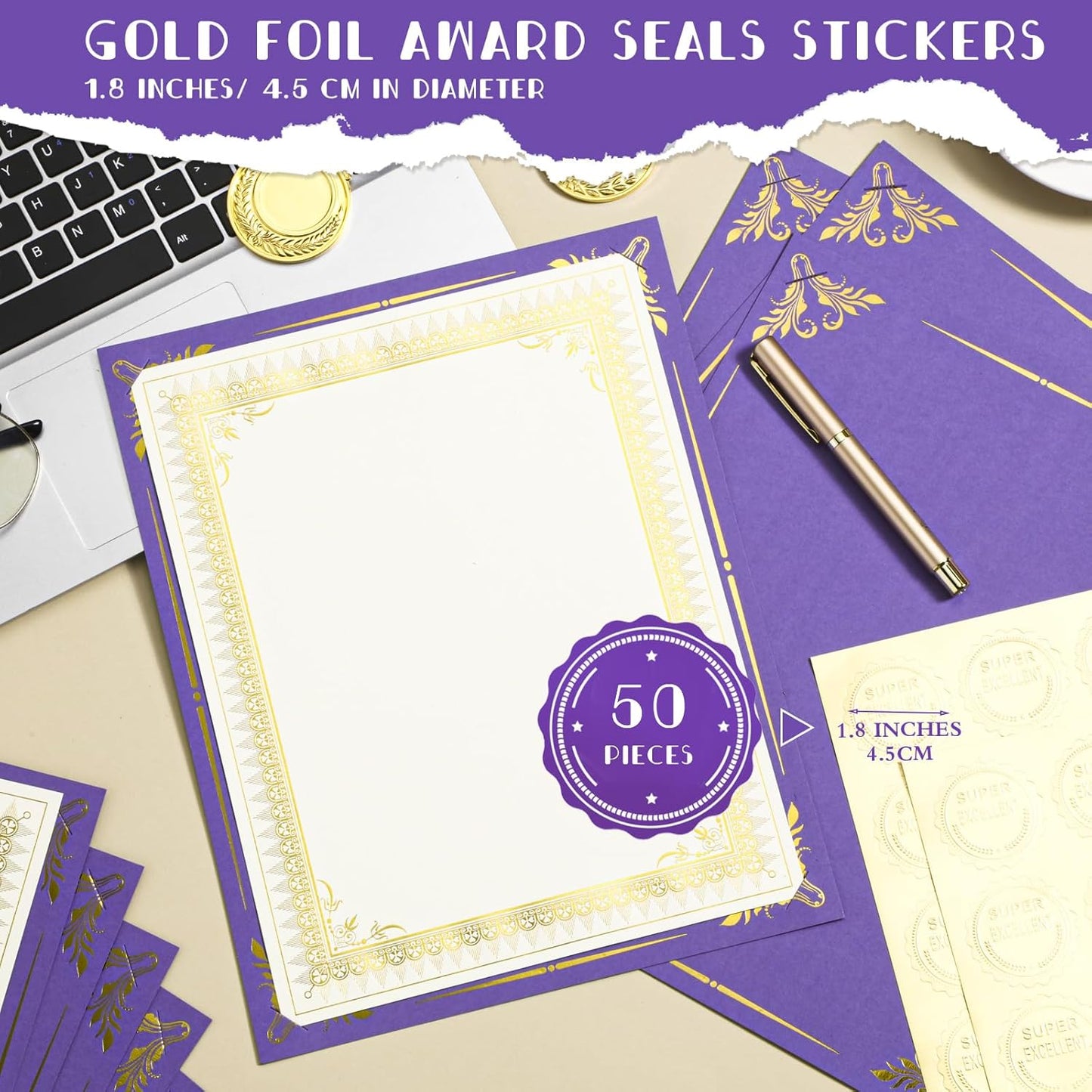 Fainne 50 Sets Certificate Kit Includes 50 Pcs 9.5 x 12 Inch Certificate Holders 50 Pcs Letter Size Papers 50 Pcs Foil Award Seals Diploma Covers for Appreciation(Purple, Gold)