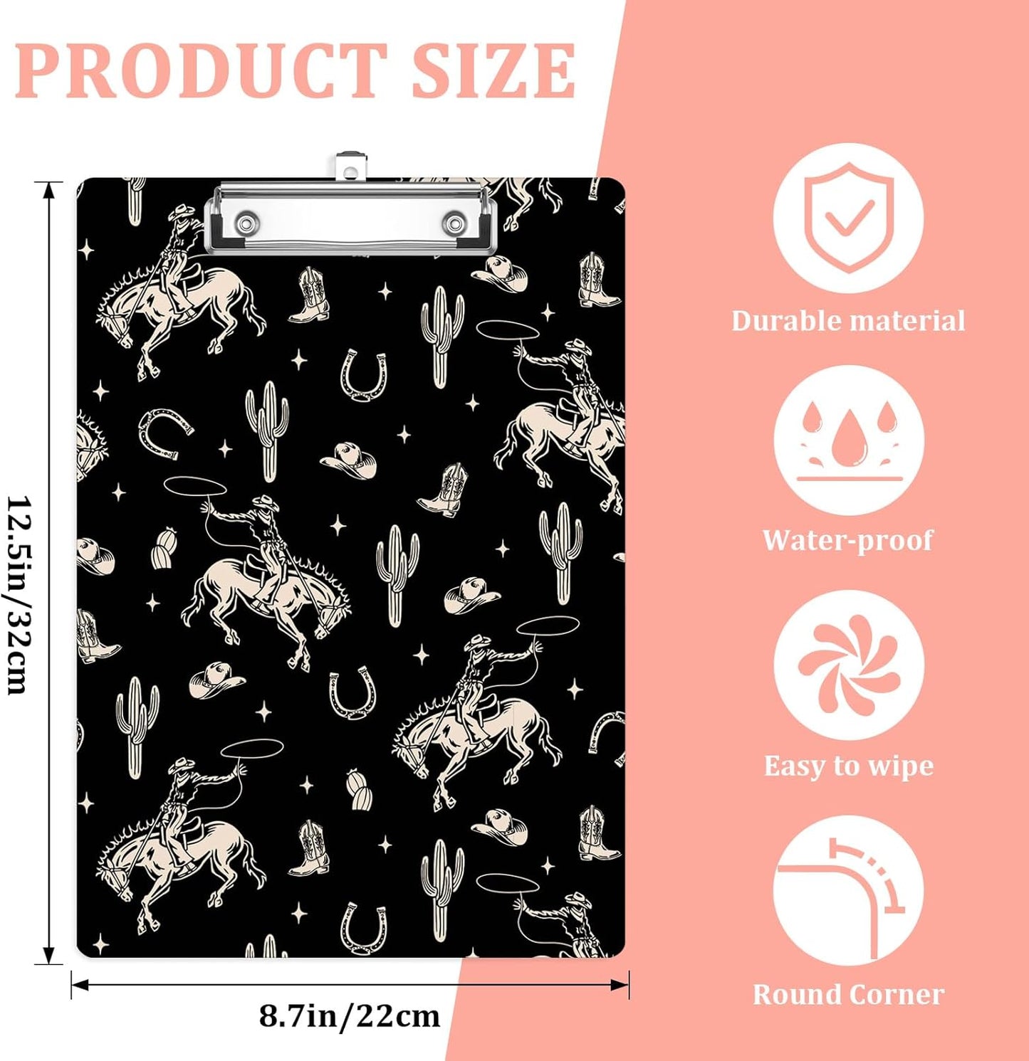 Western Cowboy Cactus Plastic Clipboards,Cute Fashion Clipboard Decorative 8.5" x 12.5"Standard A4 Size Clipboards,Acrylic Clipboard for Teacher,Social Worker,Students,Nurse,Office Supplies