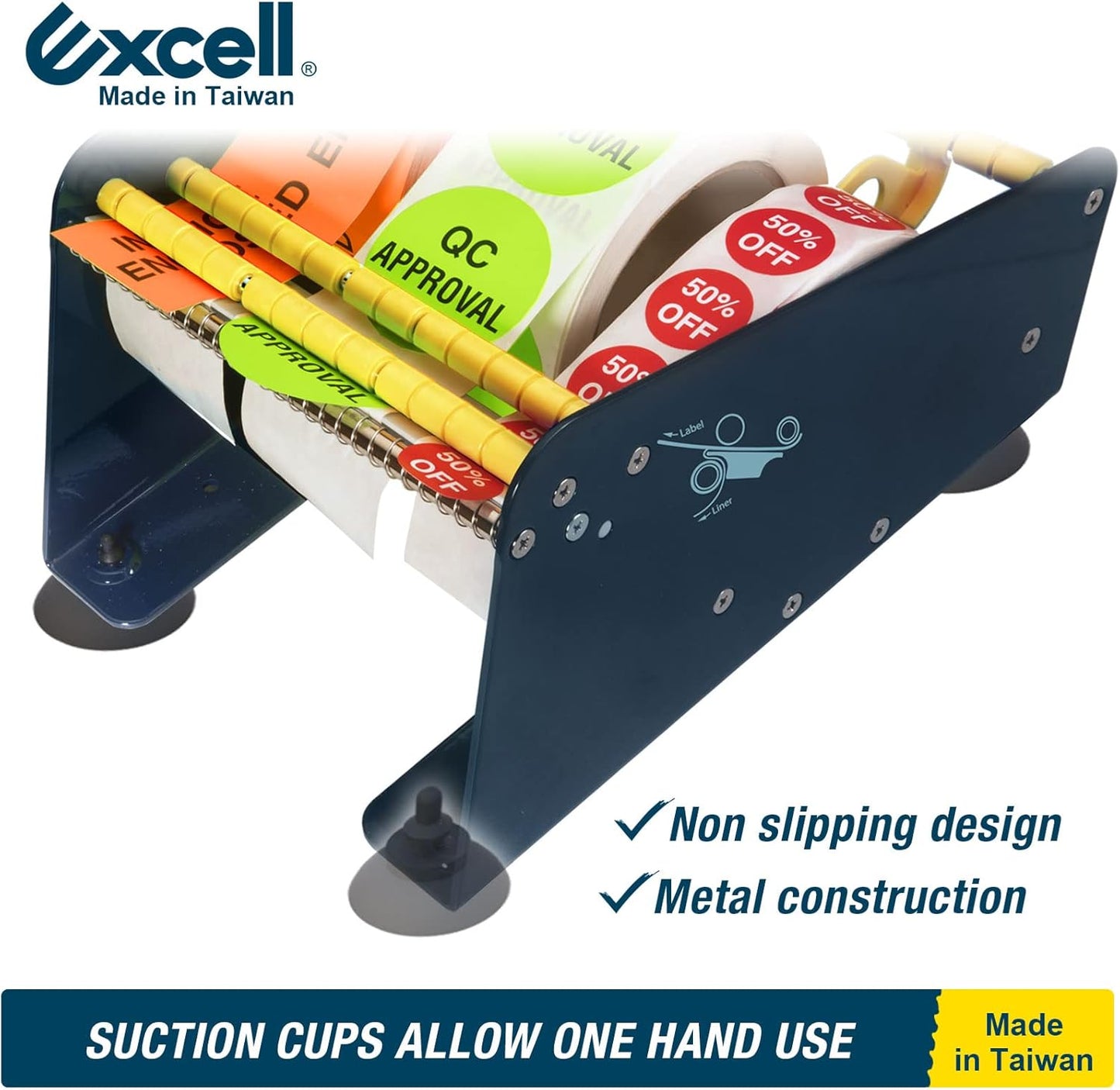 Excell LD-618 Manual Metal Table Label Dispenser: Ideal for Home, Office, Retail, and Warehouses. Fits 6.5" Labels. Features a Sturdy Metal Construction and Easy Label Dispensing.
