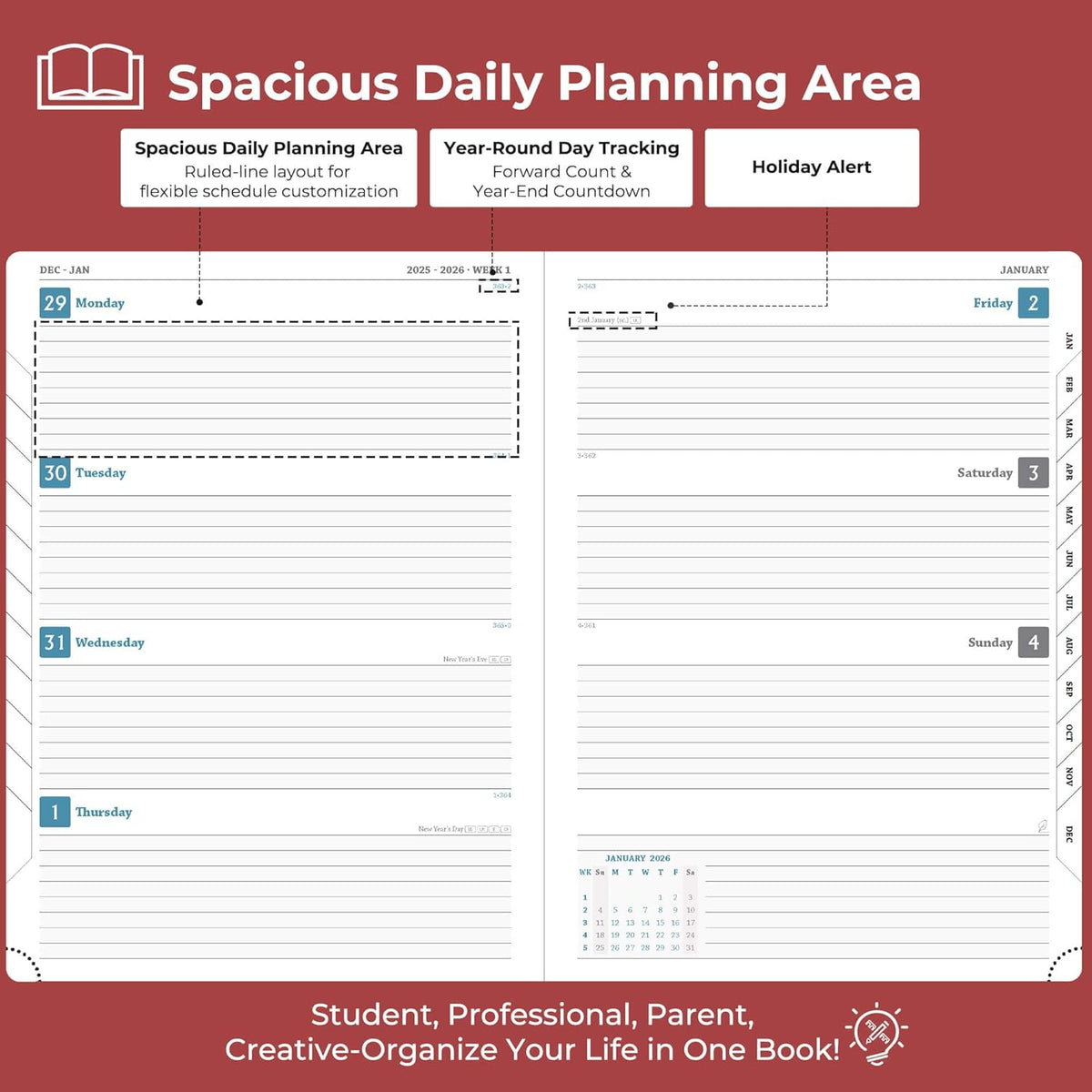 Planner 2026 Daily Weekly and Monthly,11.5"x8.5",12 Months Spiral Bound Calendar Agenda with Self-adhesive Pen Holder,2026 Appointment Book with Vegan Leather Soft Cover,Red