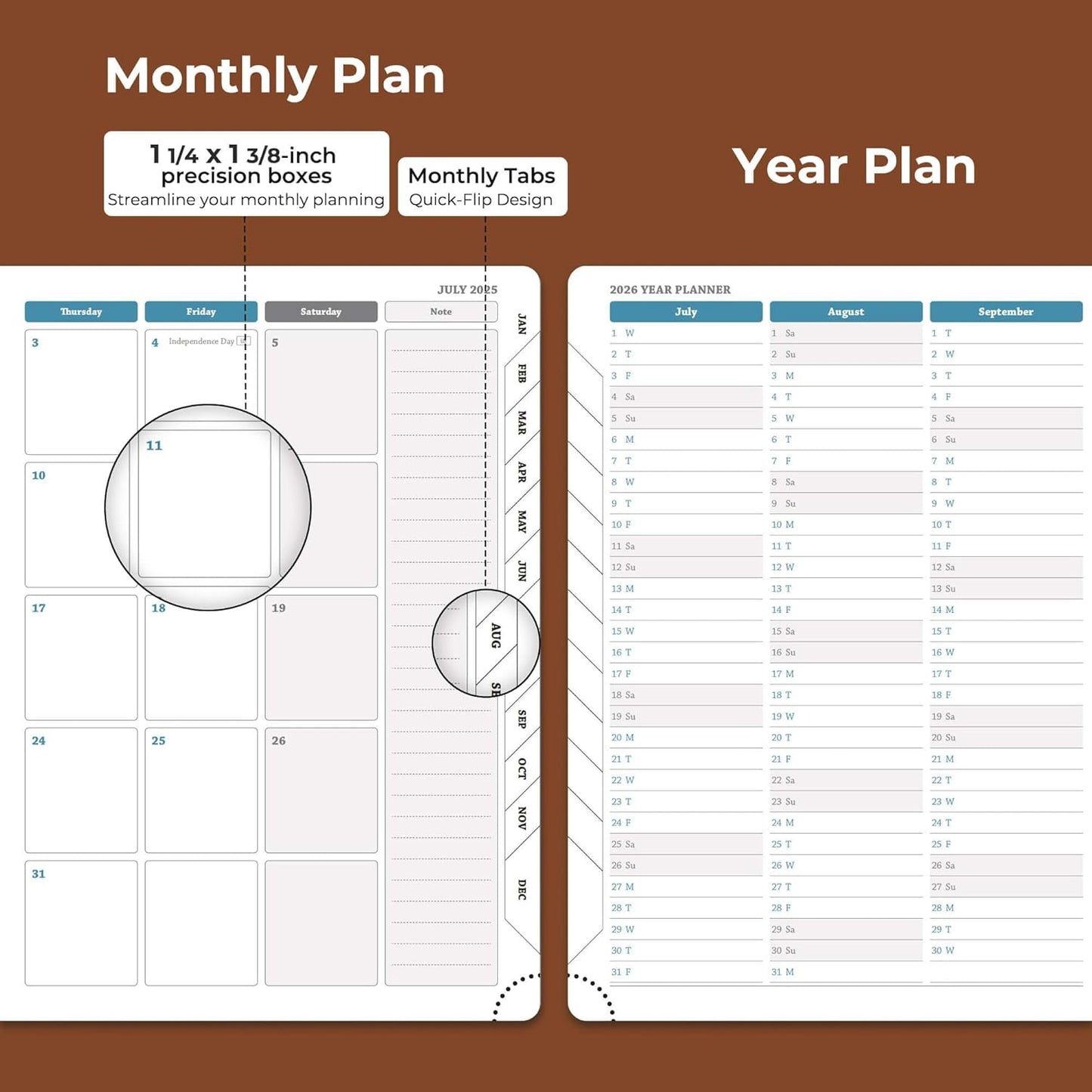 Planner 2025-2026 Daily Weekly and Monthly,8.5"x6.5",18 Months Spiral Bound Calendar Agenda with Self-adhesive Pen Holder,2026 Academic Plan with Vegan Leather Soft Cover,Brown