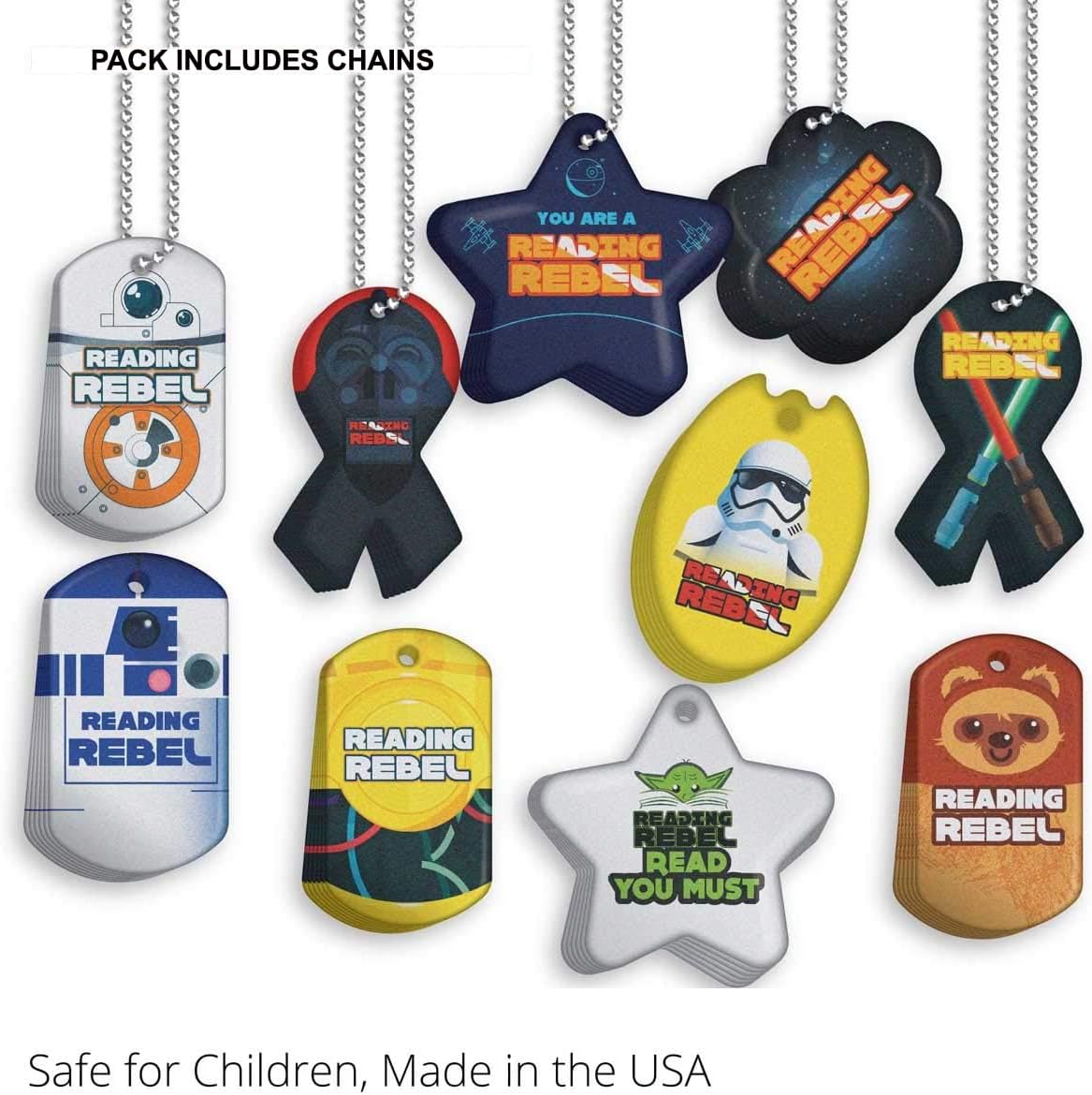 Reading Rebel Brag Tag Value Pack: Wearable Incentives for Young Readers 500 Tags (50 Tags for Each Design) + 150 Chains