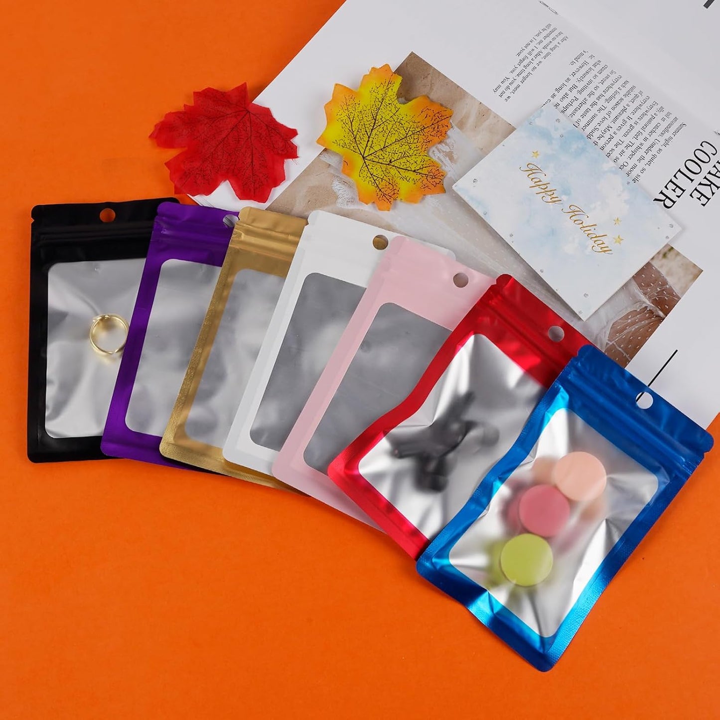 400 Pack 4 Sizes Resealable Mylar Holographic Bags Food Storage Smell Proof Bags with Front Window Foil Packaging Pouch for Sample Jewelry Small Business (Blue to Orange,3x4.7,3.1x5.5,4x 6,4.7x 7.9in)