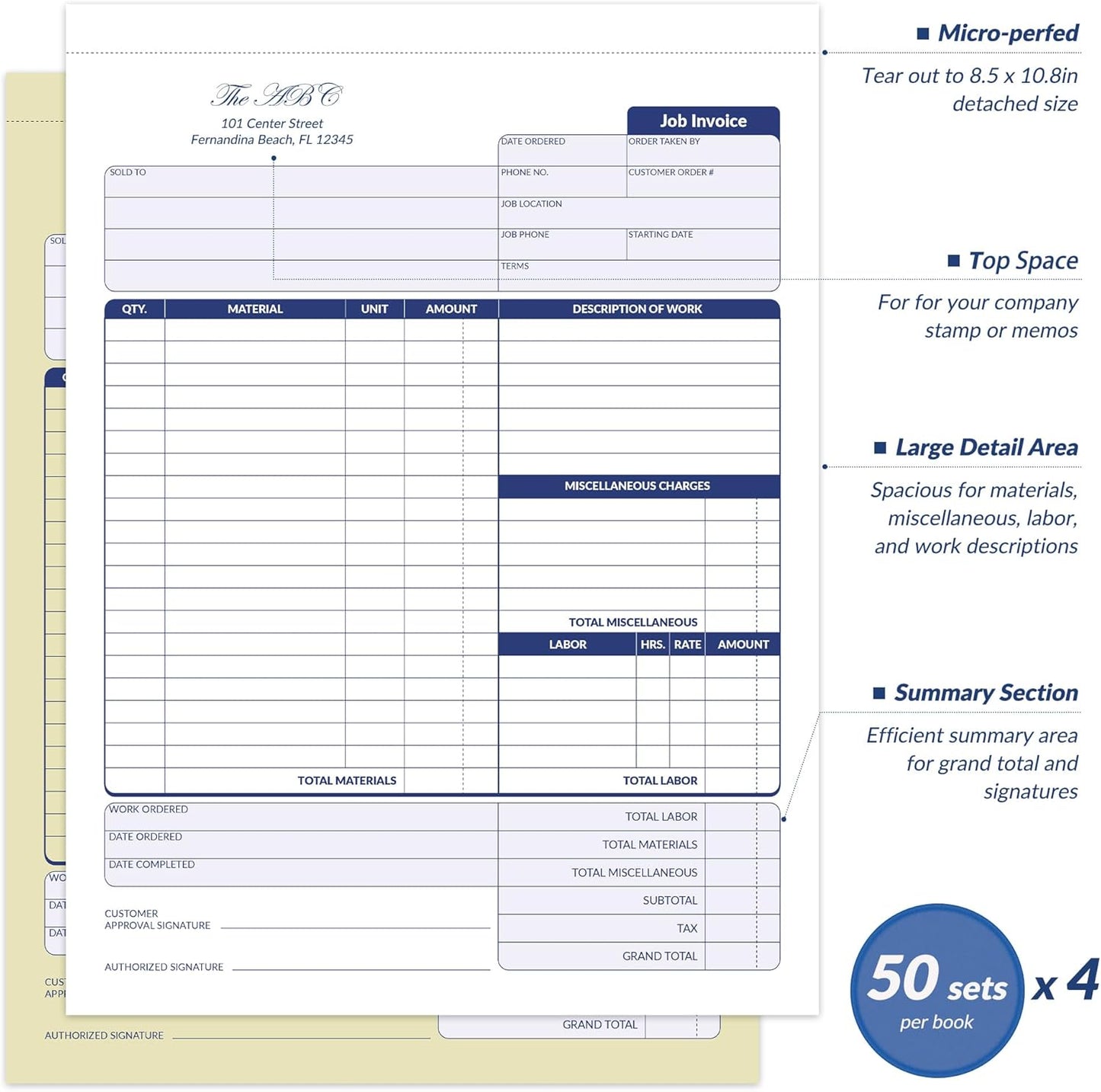 Job Work Order Forms, Large Size Contractor Invoice Book 8-1/2" x 11-7/16", Invoice Receipt Book for Small Business, 2-Part Carbonless Forms, 200 Sets (4 Books)