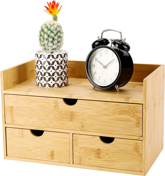 Bamboo Desk Organizer 3 Drawer with Shelf, Countertop Organizer with Drawers Makeup Storage Drawer 3 Drawers Tabletop Storage Organization Box Home Office Workspace