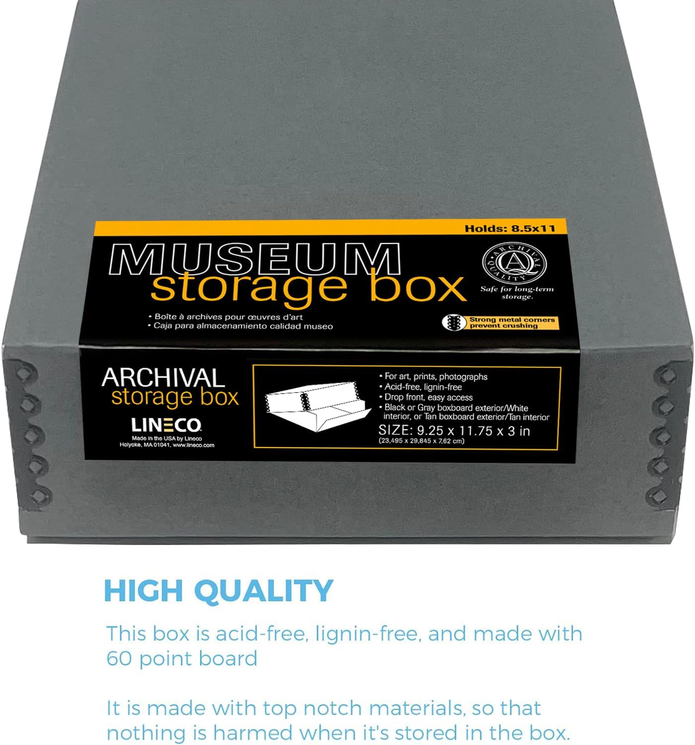 Lineco Museum Archival Storage Box, 9.25x11.75x3 in. Drop Front Design. Acid-Free with Metal Edge. Organize Photos, Pictures, Prints, Documents, Crafts, DIY. Gray, 2 Pack