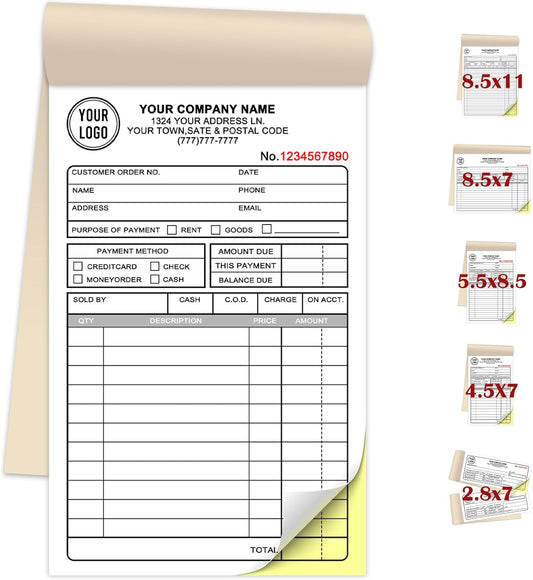 Custom Invoice Book for Small Business,4.5 x7 Inches Invoice Receipt Book, 2-Part Carbonless Forms, Personalized Company Name, Address, Phone Number
