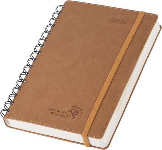 POPRUN 2026 Daily Planner One Page per Day (Medium 6'' x 8.5'') - 12 Months Calendar Appointment Book with Hourly Slots, Inner Pocket, Monthly Tabs, Pen Holder - Brown