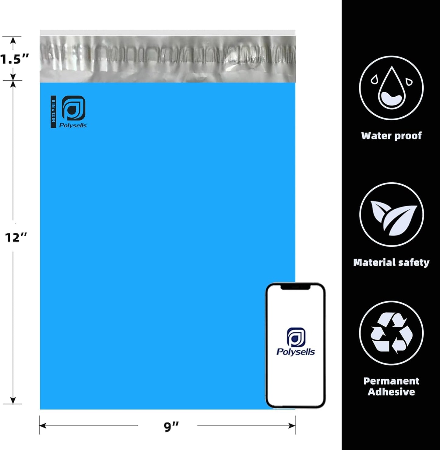 POLYSELLS 100 pcs 9x12 Inches Blue Poly Mailers Shipping Envelopes, Strong Adhesive Sealing, Waterproof, and Tear-resistant Postal Mailing Bags for Clothing, Books, and Accessories